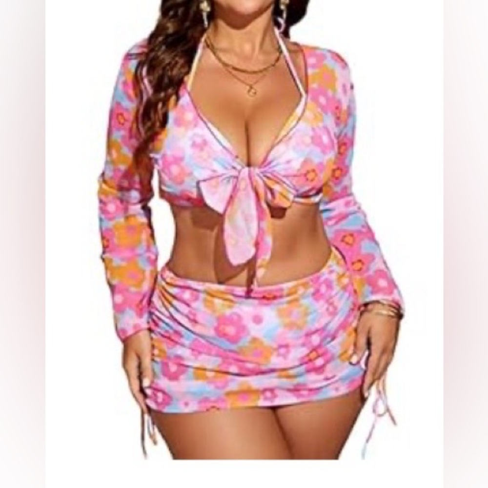 Floral Bikini Set with Pink and Blue